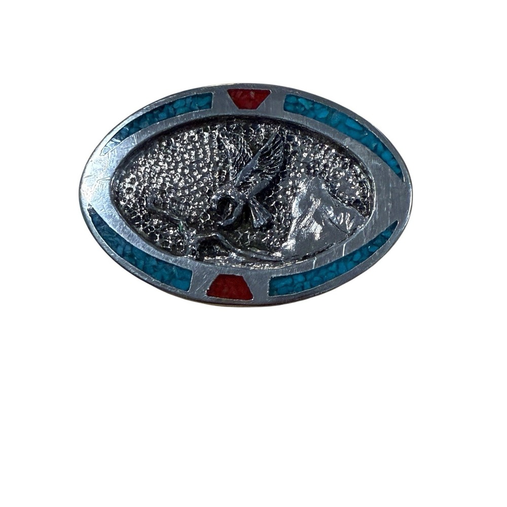 Vintage 1980 Signed TT Eagle Belt Buckle Southwest Turquoise Coral Chip Oval